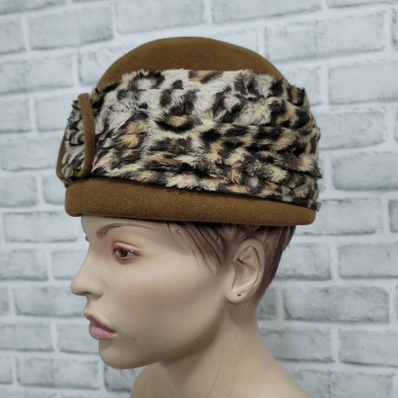 Vintage MARZI Firenze Designer Brown Felt Cloche Hat Faux Fur Leopard Italy - Picture 3 of 10